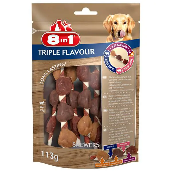 Ласощі 8in1 Triple Flavour шашлички з яловичиною і свининою для собак, 113 г