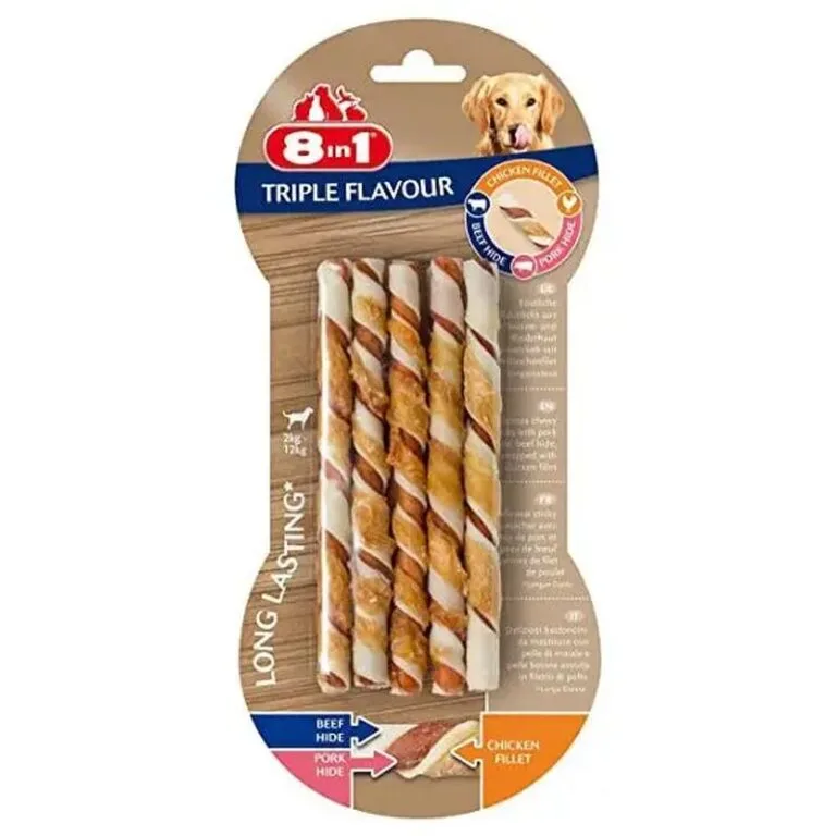 Ласощі 8in1 Triple Flavour плетені палички для собак, 10 шт