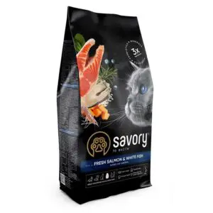 Сухий корм для довгошерстих котів Savory зі свіжим лососем і білою рибою