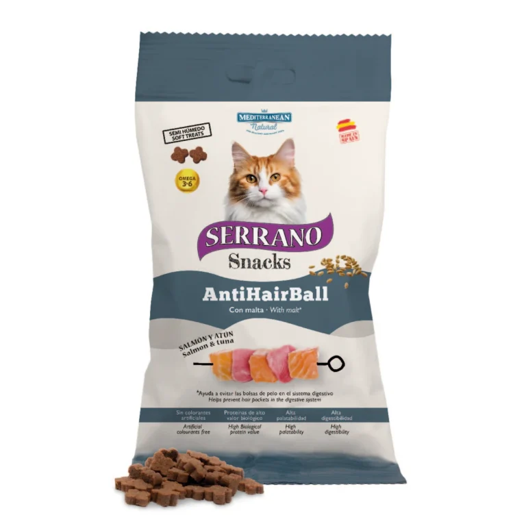 Натуральні ласощі для котів Serrano Snacks Hairball з функцією виведення грудочок шерсті, з лососем та тунцем 50г
