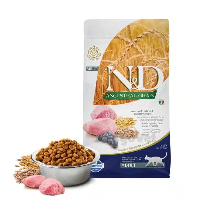 Низькозерновий корм для дорослих котів Farmina N&D ANCESTRAL GRAIN з ягням та чорницею