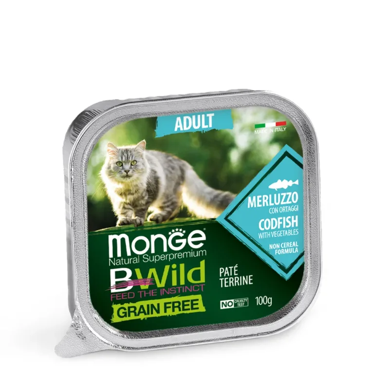Вологий корм для дорослих котів Monge Cat Bwild Adult беззерновий з тріскою і овочами