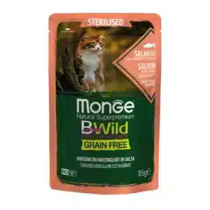 Вологий корм для стерилізованих котів Monge BWild беззерновий з лососем і креветками