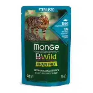 Вологий корм для стерилізованих котів Monge BWild беззерновий з тунцем і креветками