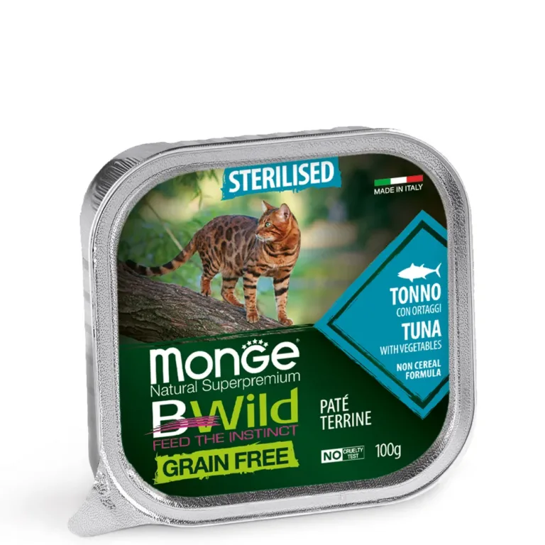Вологий корм Monge BWILD Grain Free Sterilised з тунцем та овочами для стерил. котів