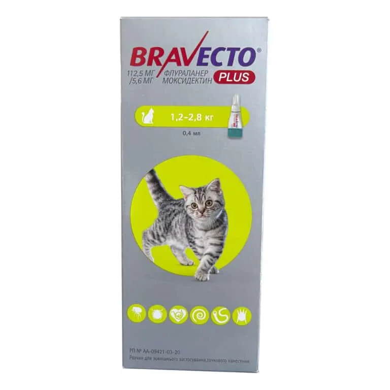 Бравекто Плюс (Bravecto Plus) від бліх та кліщів для котів, 1 піпетка