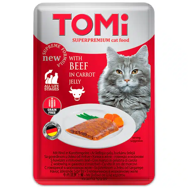 Вологий корм TOMi з яловичиною в морквяному желе для котів, 100 г