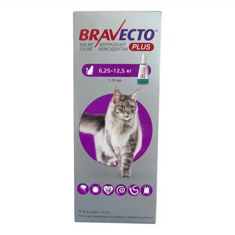 Бравекто Плюс (Bravecto Plus) від бліх та кліщів для котів, 1 піпетка