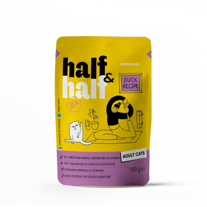 Вологий корм Half&Half для дорослих котів, шматочки з качкою у соусі, пауч, 100 г
