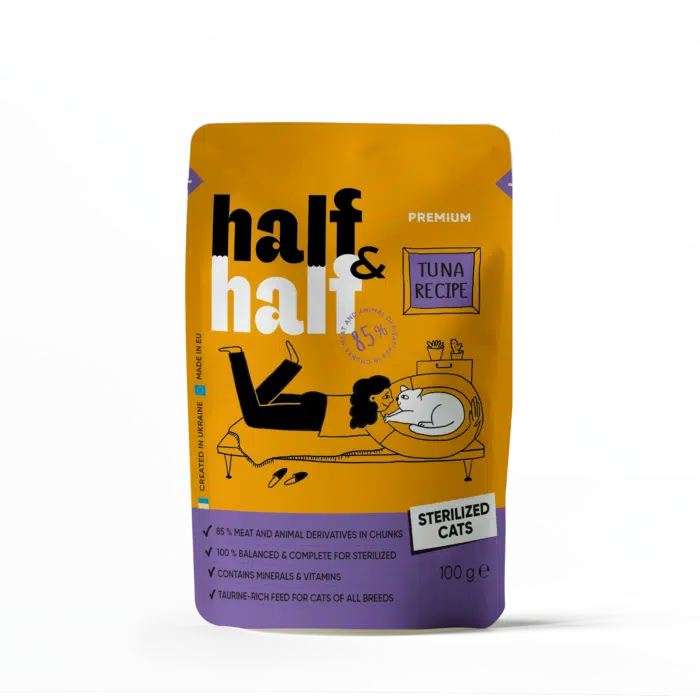 Вологий корм Half&Half для стерилізованих котів, шматочки з тунцем у соусі, пауч, 100 г