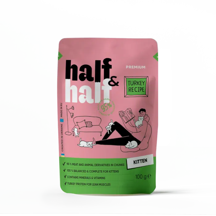 Вологий корм Half&Half для кошенят, шматочки з індичкою у желе, пауч, 100 г