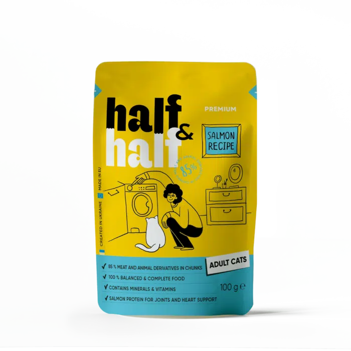 Вологий корм Half&Half для дорослих котів, шматочки з лососем у желе, пауч, 100 г