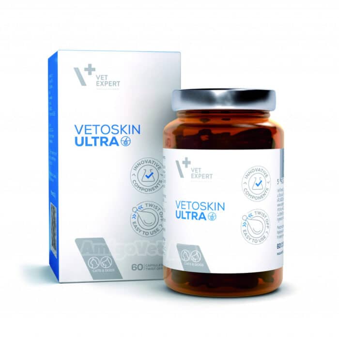 ВетоСкін Ультра (VetExpert VetoSkin Ultra) – Харчова добавка для підтримання здоров’я шкіри та якості шерсті у котів і собак, 60 капсул