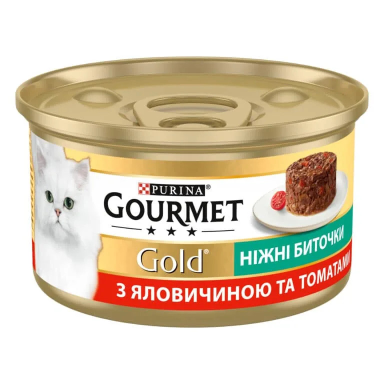 Вологий корм для дорослих котів Gourmet Gold ніжні биточки з яловичиною та томатами, 85 г