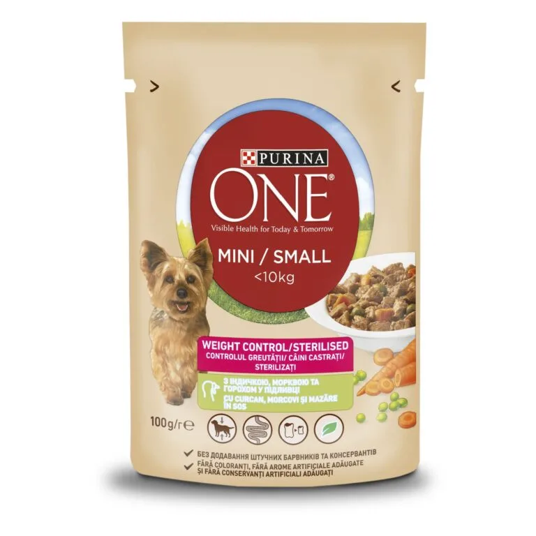 Вологий корм для стерилізованих собак дрібних порід Purina ONE Mini для контролю ваги з індичкою, 100 г