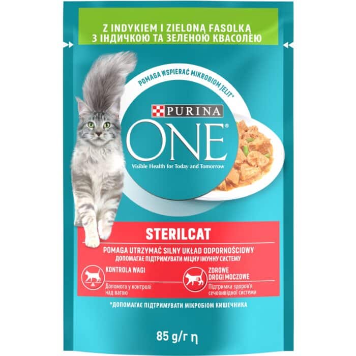 Вологий корм PURINA ONE Sterilcat для дорослих котів після стерилізації шматочки в соусі з індичкою та зеленою квасолею 85 г