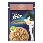 Влажный корм FELIX Sensations Sauces для взрослых котов кусочки с лососем в соусе со вкусом креветок 85 г