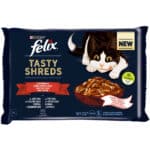 Вологий корм FELIX Tasty Shreds для дорослих котів мультипак: 2х80г з яловичиною та 2х80г з куркою