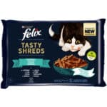 Вологий корм FELIX Tasty Shreds для дорослих котів мультипак: 2х80г з лососем та 2х80г з тунцем