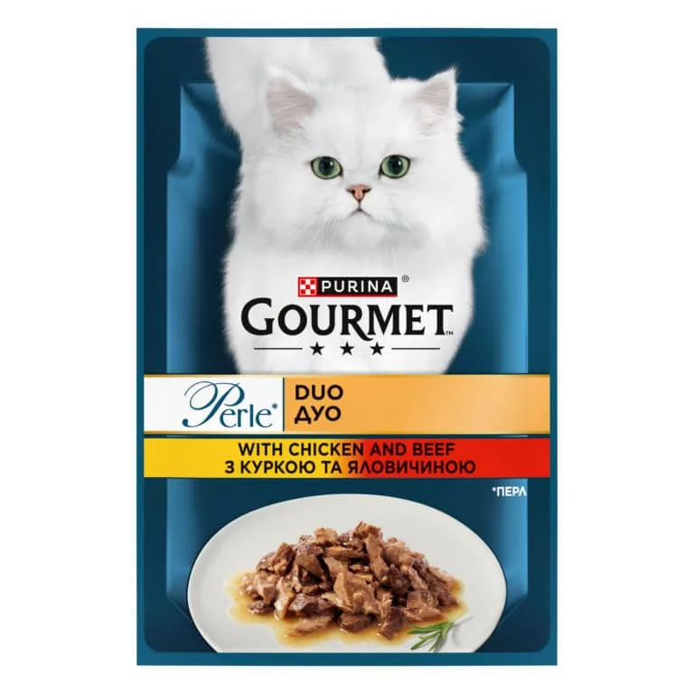 Вологий корм для дорослих котів Gourmet Perle Duo з куркою та яловичиною, 85 г
