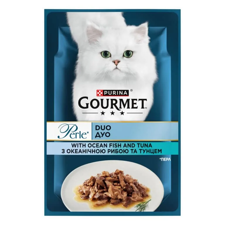 Вологий корм для дорослих котів Gourmet Perle Duo з океанічною рибою та тунцем, 85 г
