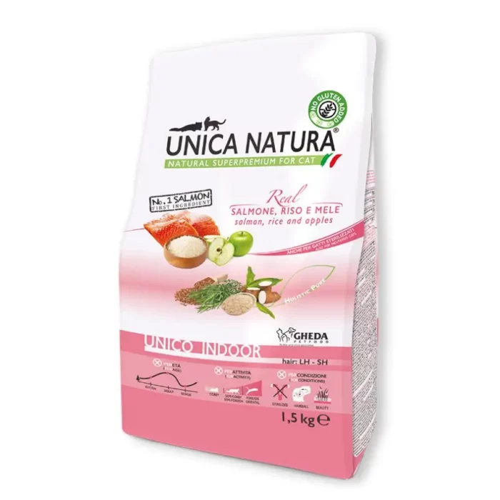 Сухий корм для котів, що мешкають у приміщенні Unica Natura Indoor Salmon з лососем, рисом та яблуками