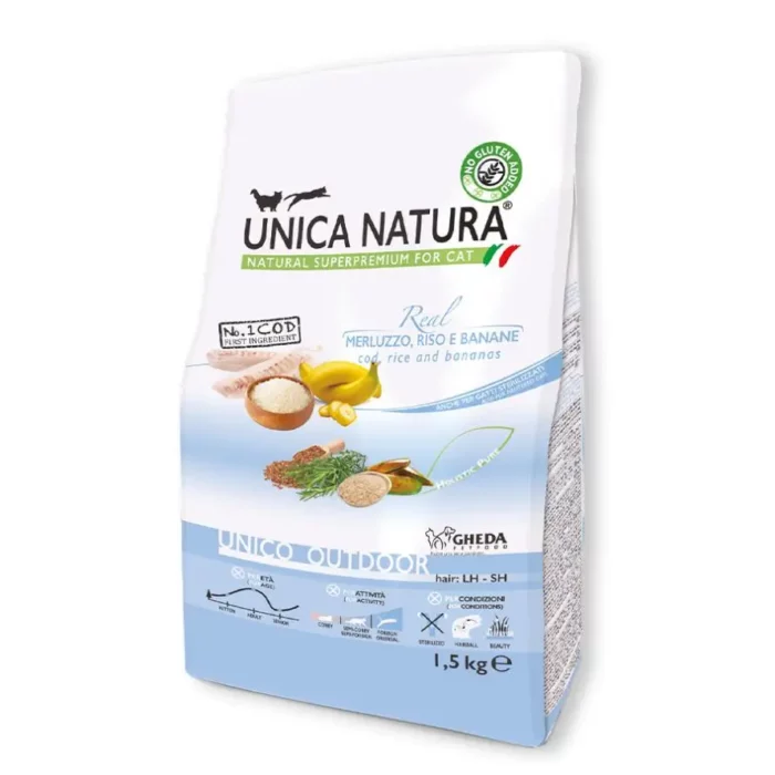 Сухий корм для котів, що живуть на вулиці Unica Natura Outdoor Cod з тріскою, рисом та бананами. 1,5 кг