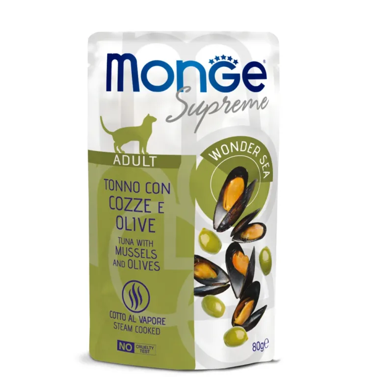 Вологий корм Monge Supreme з тунцем і мідіями для котів, 80 г