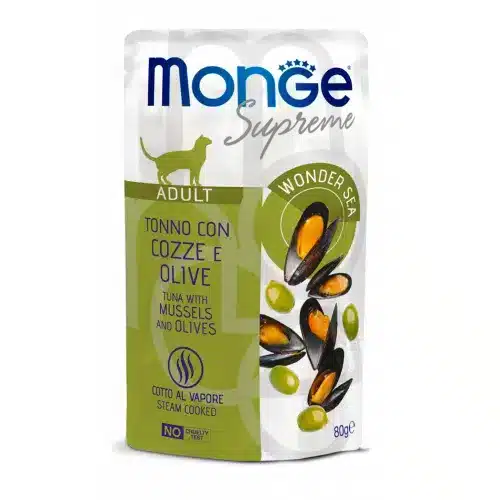 Вологий корм для дорослих котів Monge Supreme тунець з мідіями та оливками (80 г)
