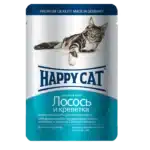Вологий корм Happy Cat для котів у вигляді шматочків в желе з лососем та криветкою,100 г.