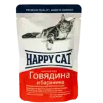 Вологий корм Happy Cat для котів у вигляді шматочків в cоусі з яловичиною та бараниною, 100 г.