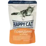 Вологий корм Happy Cat для котів у вигляді шматочків в cоусі з яловичиною та птицею,100 г.