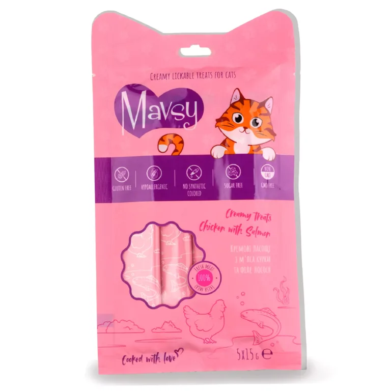 Ласощі Mavsy Lickable кремові з куркою та лососем для котів, 5x15 г