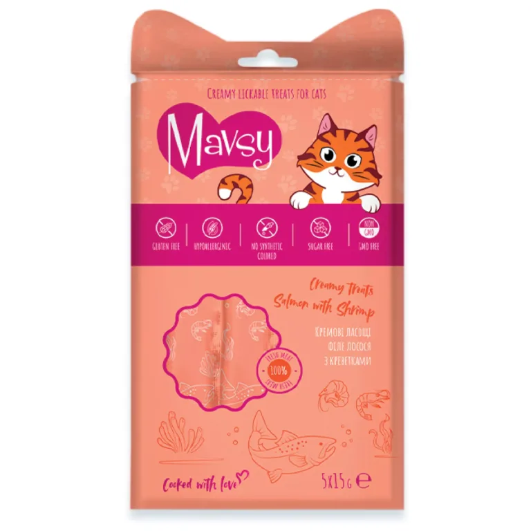Ласощі Mavsy Creamy Lickable з лососем та креветками для котів, 5 шт по 15 г