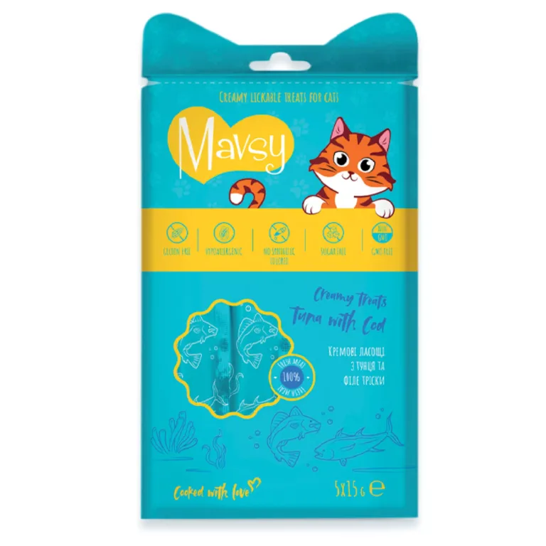 Ласощі Mavsy Creamy Lickable Treats з тунцем і тріскою для котів, 5 x 15 г