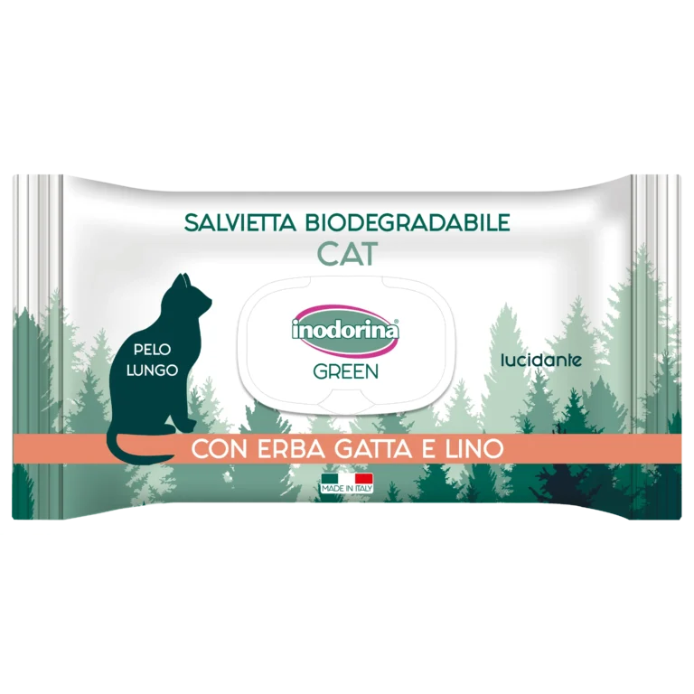 Біорозкладні вологі серветки для котів з довгою шерстю Inodorina Green Lucidante з котячою мятою та льоном, 30 шт