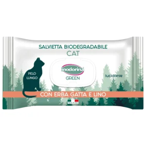 Біорозкладні вологі серветки для котів з довгою шерстю Inodorina Green Lucidante з котячою мятою та льоном, 30 шт