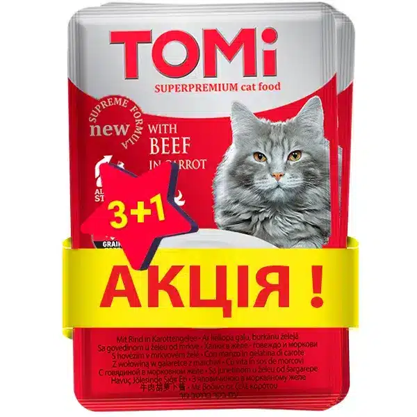 Вологий корм для котів TOMi беззерновий з яловичиною в морквяному желе, 100 г