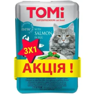 Вологий корм TOMi з лососем та яйцем для котів, 100 г, акція 3+1