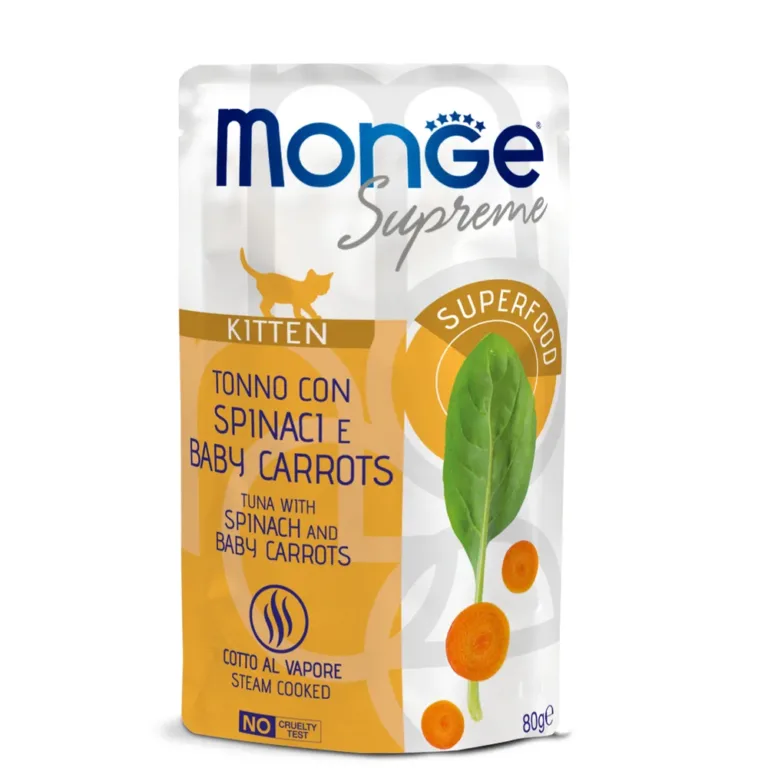 Вологий корм для кошенят Monge Supreme з тунцем, шпинатом і морквою, 80 г