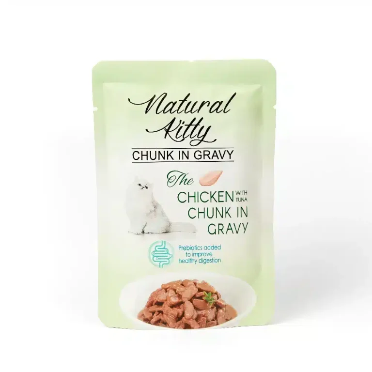 Вологий корм для котів Natural Kitty у вигляді шматочків курки та тунця з курячою печінкою у соусі, 85 г