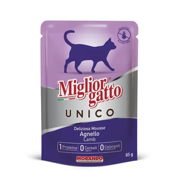 Повноцінний вологий корм для котів усих вікових груп MIGLIORGATTO UNICO з ягнятиною, 85г