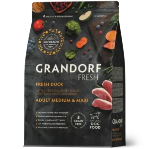 Сухий корм для дорослих собак середніх та великих порід Grandorf Fresh беззерновий зі свіжою качкою та бататом
