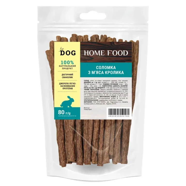 Ласощі Home Food соломка з м'яса кролика для собак, 80 г