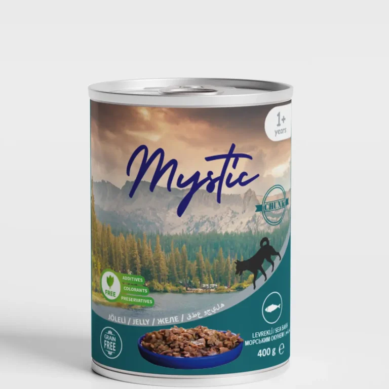 Вологий корм для собак усіх порід Mystic шматочки морського окуня в желе, 400 г