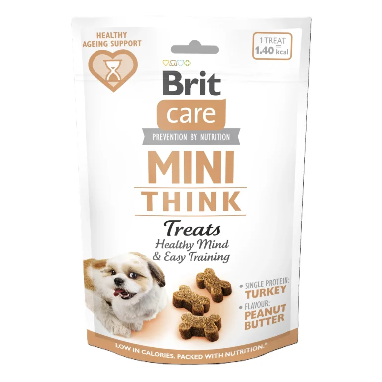Ласощі для собак малих порід Brit Care Mini Treats Think для підтримки розумових здібностей, з індичкою, смак арахісового масла, 50 г