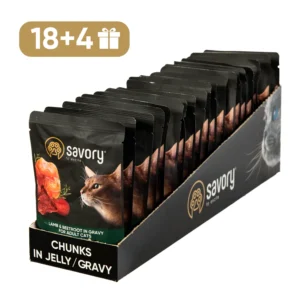 Вологий корм Savory для дорослих котів з ягням, 85 г (18+4 шт)