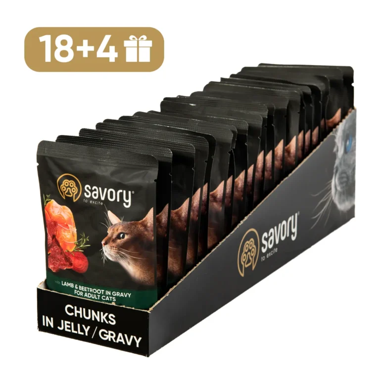 Вологий корм Savory для дорослих котів з ягням, 85 г (18+4 шт)