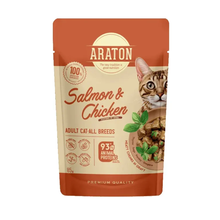 Вологий Araton з куркою та лососем для котів, 85 г