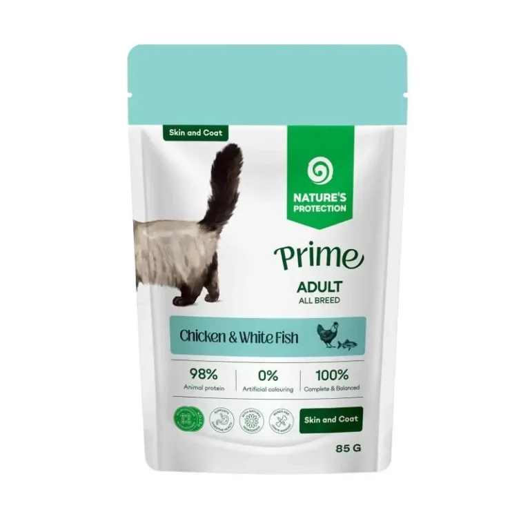 Вологий корм для котів для догляду за шкірою та шерстю Nature's Protection Prime Skin&Coat з куркою та білою рибою, 85 г